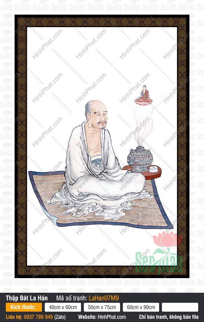 Tranh Thập Bát La Hán Kích Thước Lớn LaHan07M9 Tranh Thập Bát La Hán Kích Thước Lớn LaHan07M9 họa hình Khai Tâm La Hán bên lư trầm