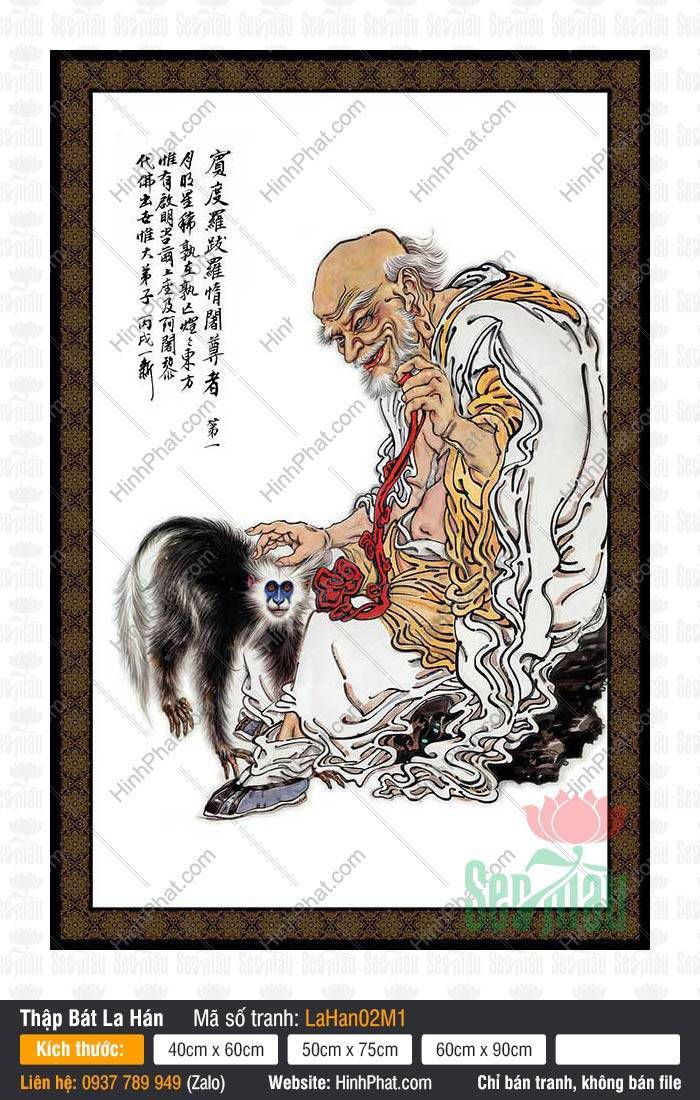 Tranh Thập Bát La Hán LaHan02M1 Tranh Thập Bát La Hán LaHan02M1 khắc họa tôn giả Pindolabharadvaja an nhiên xoa đầu khỉ.
