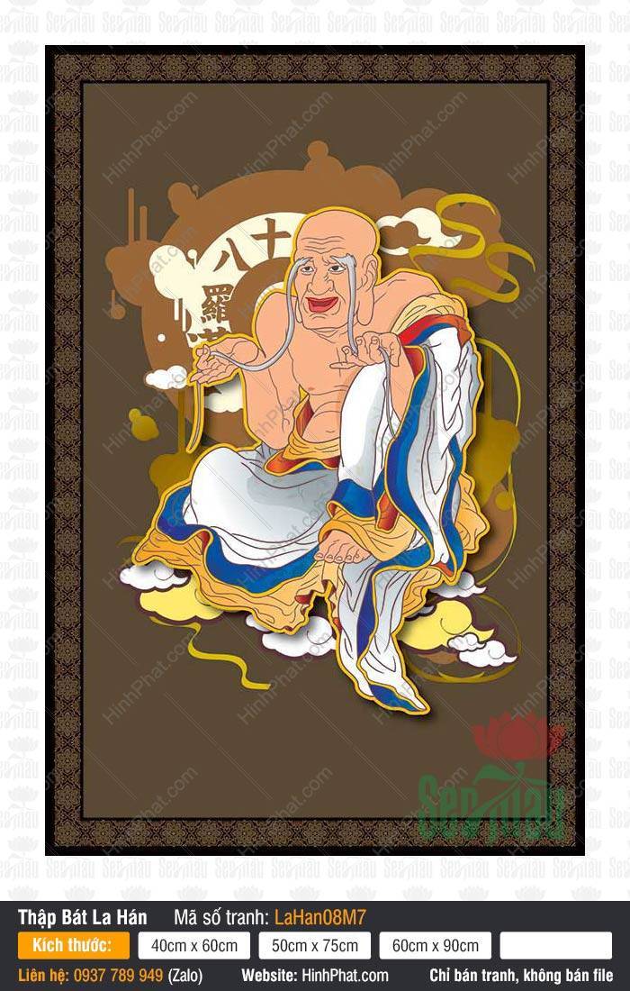 Tranh Vẽ 18 Vị La Hán LaHan08M7 Tranh Vẽ 18 Vị La Hán phác họa Thánh tăng mặc áo xanh trắng tọa mây vàng