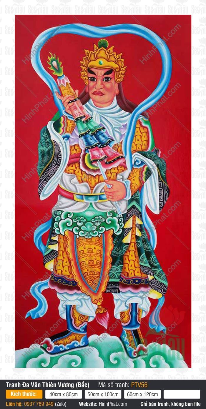Tranh Tứ Đại Thiên Vương, Đa Văn Thiên Vương PTV56 Tranh Tứ Đại Thiên Vương, Đa Văn Thiên Vương PTV56 sắc diện hồng oai nghiêm tay giữ bảo tràng