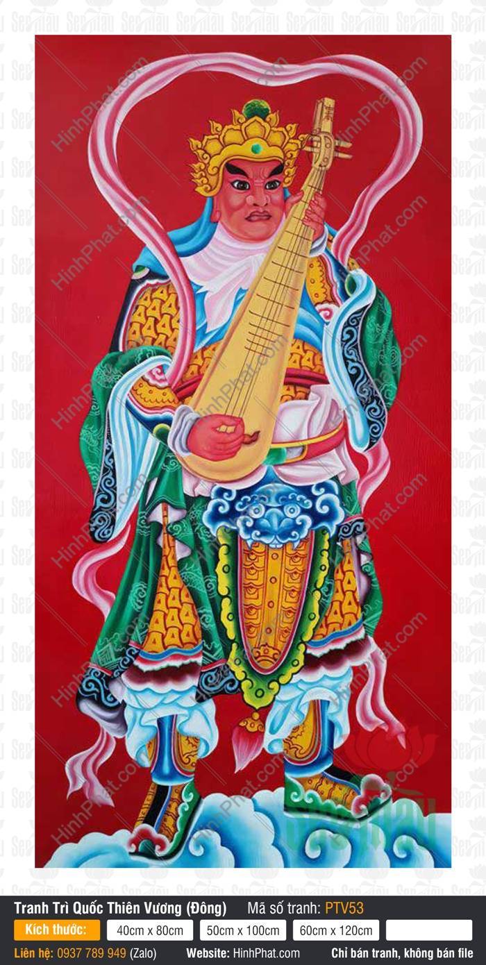 Tranh Tứ Đại Thiên Vương, Trì Quốc Thiên Vương PTV53 Tranh Tứ Đại Thiên Vương, Trì Quốc Thiên Vương PTV53 diện đỏ ôm đàn tỳ bà