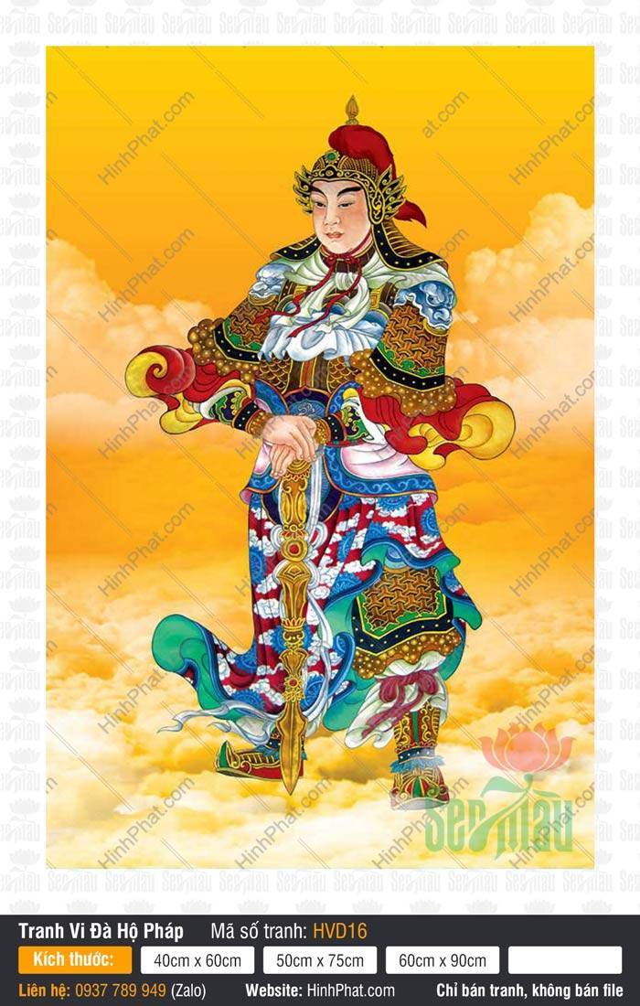 Tranh Hộ Pháp Vi Đà đẹp nhất HVD16 Tranh Hộ Pháp Vi Đà đẹp nhất HVD16 hai tay tỳ bảo kiếm trên nền mây