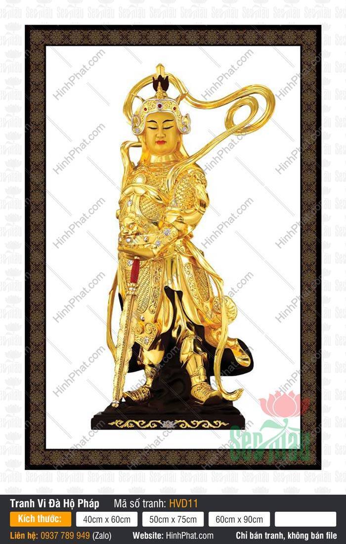 Tranh Vi Đà Bồ Tát HVD11 Tranh Vi Đà Bồ Tát HVD11 mặc giáp vàng toàn thân đứng chống kiếm oai nghiêm