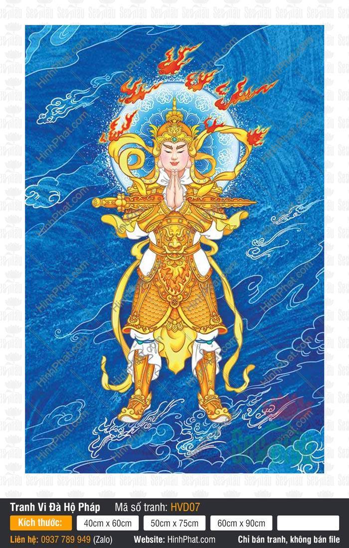 Tranh Vi Đà Hộ Pháp HVD07 Tranh Vi Đà Hộ Pháp HVD07 khoác giáp vàng chắp tay ôm bảo chùy trên nền xanh lam