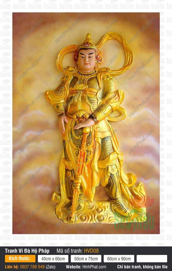Tranh Vi Đà Tôn Thiên Bồ Tát HVD08 Tranh Vi Đà Tôn Thiên Bồ Tát HVD08 khoác giáp vàng chống kiếm