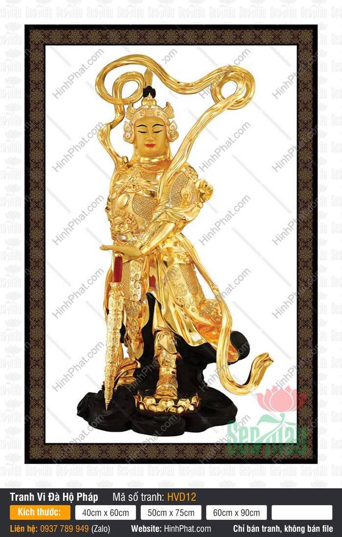 Tranh Vi Đà thiên tướng HVD12 Tranh Vi Đà thiên tướng HVD12 tỏa sắc vàng kim uy nghiêm đứng trên bệ tối