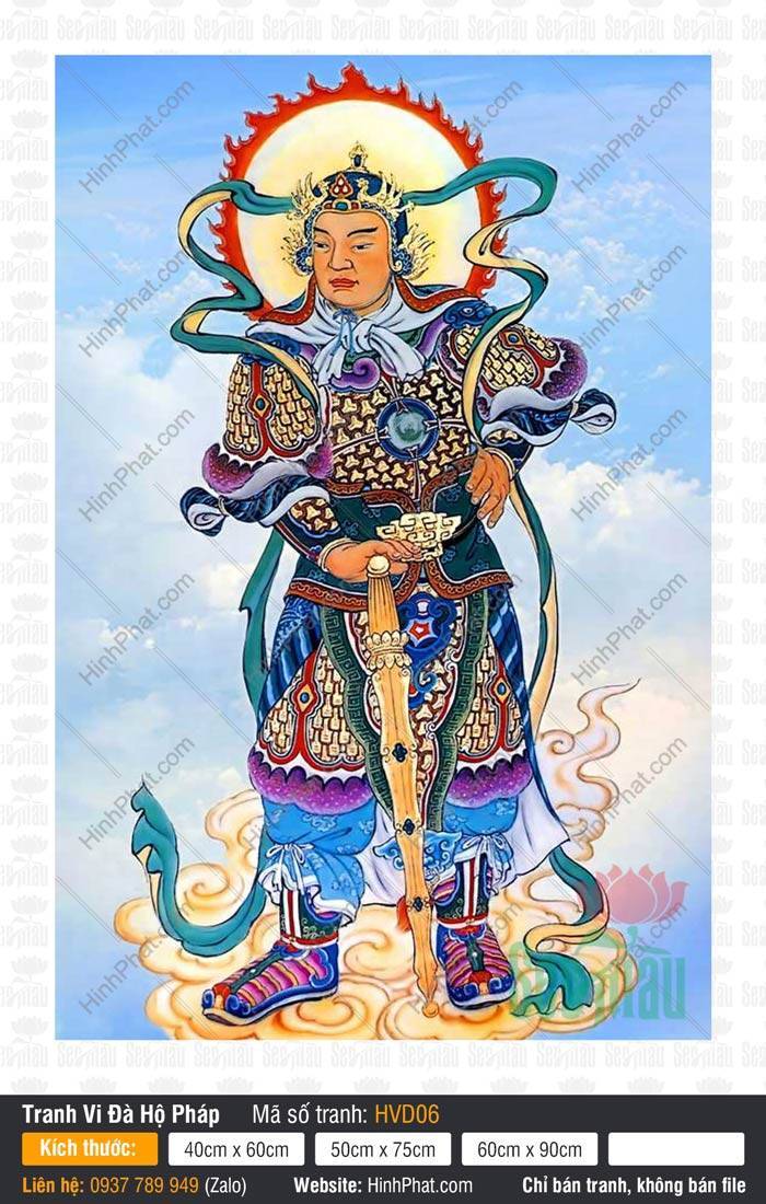 Vi Đà thiên tướng HVD06 Vi Đà thiên tướng HVD06 đội mũ xanh ngọc hai tay chống bảo chùy trên mây vàng