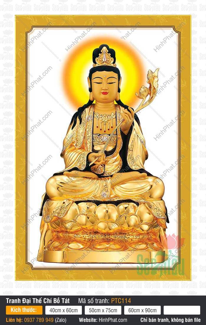 Bồ Tát Đại Thế Chí PTC114 Bồ Tát Đại Thế Chí PTC114, Ngài ngồi trên đài sen vàng nâng nhành sen giữa hào quang rực rỡ