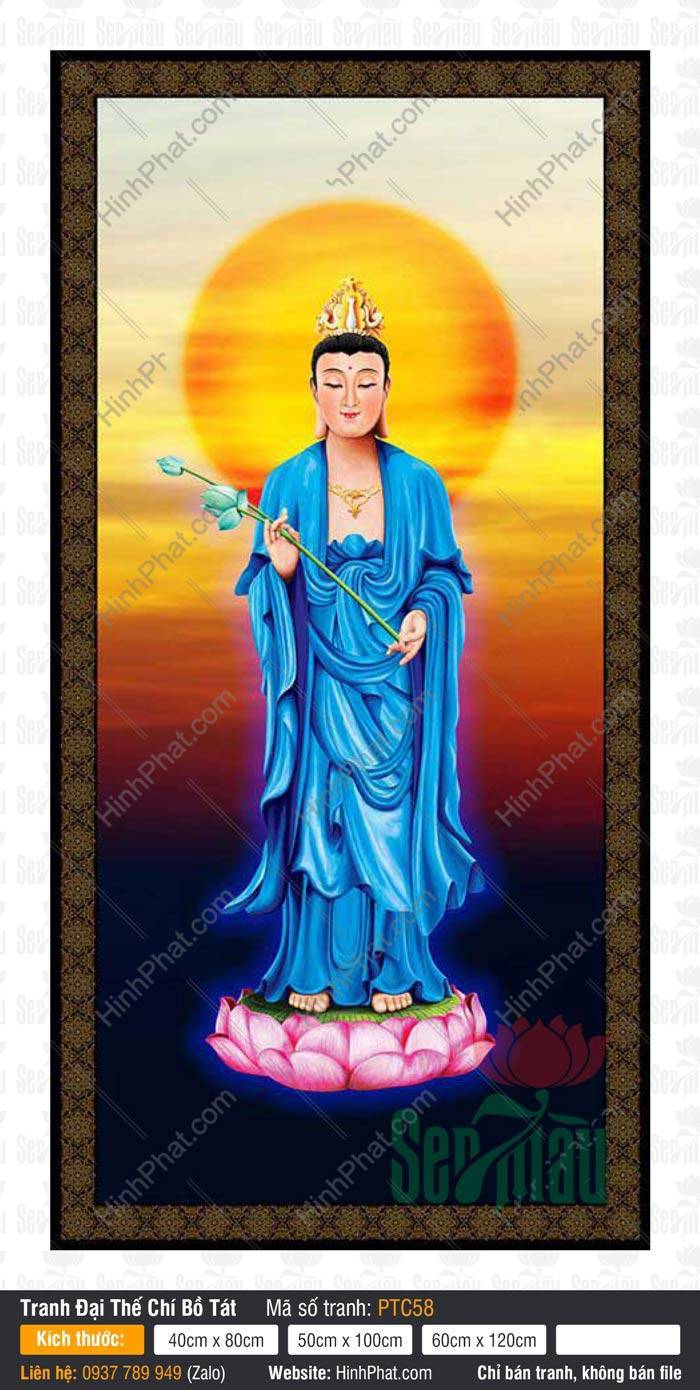 Bồ Tát Đại Thế Chí PTC58 Bồ Tát Đại Thế Chí PTC58 mặc y phục xanh dương đứng trên tòa sen hồng giữa hào quang rạng rỡ