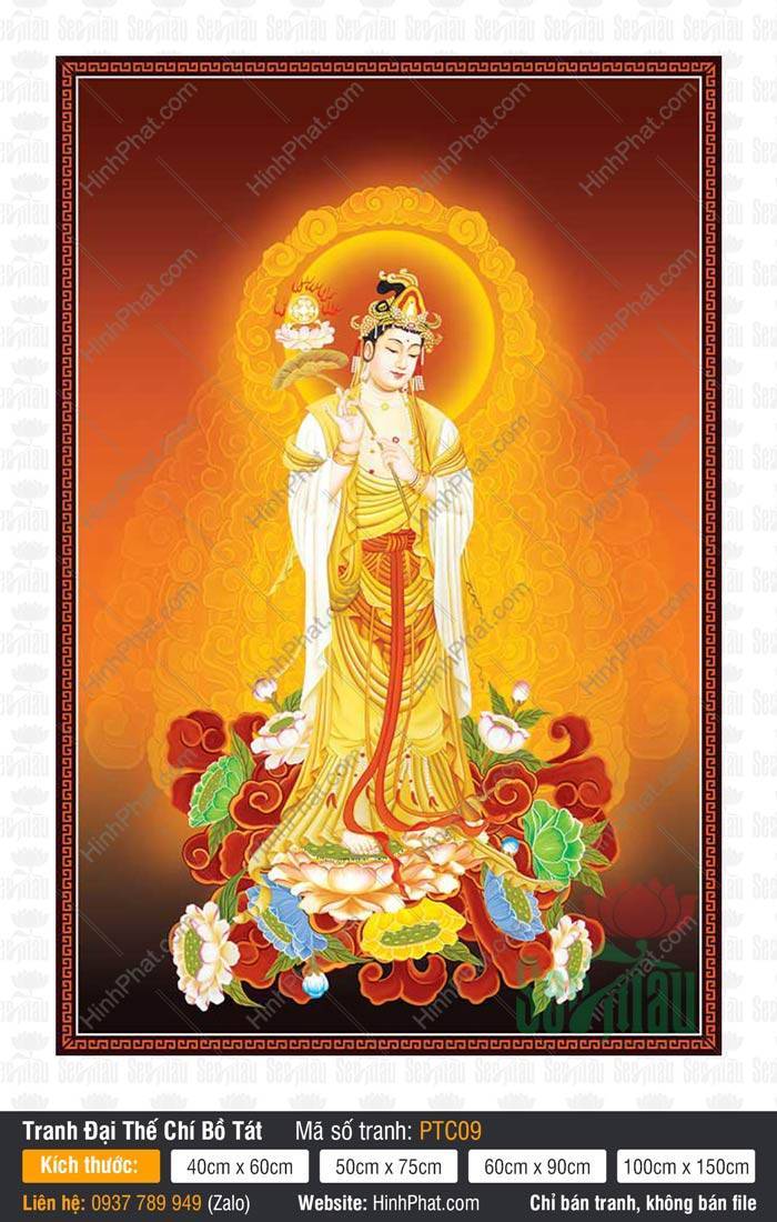 Đại Thế Chí PTC09 Đại Thế Chí PTC09 y vàng đứng trên đài sen hồng tay nâng nhành hoa sen trắng vàng