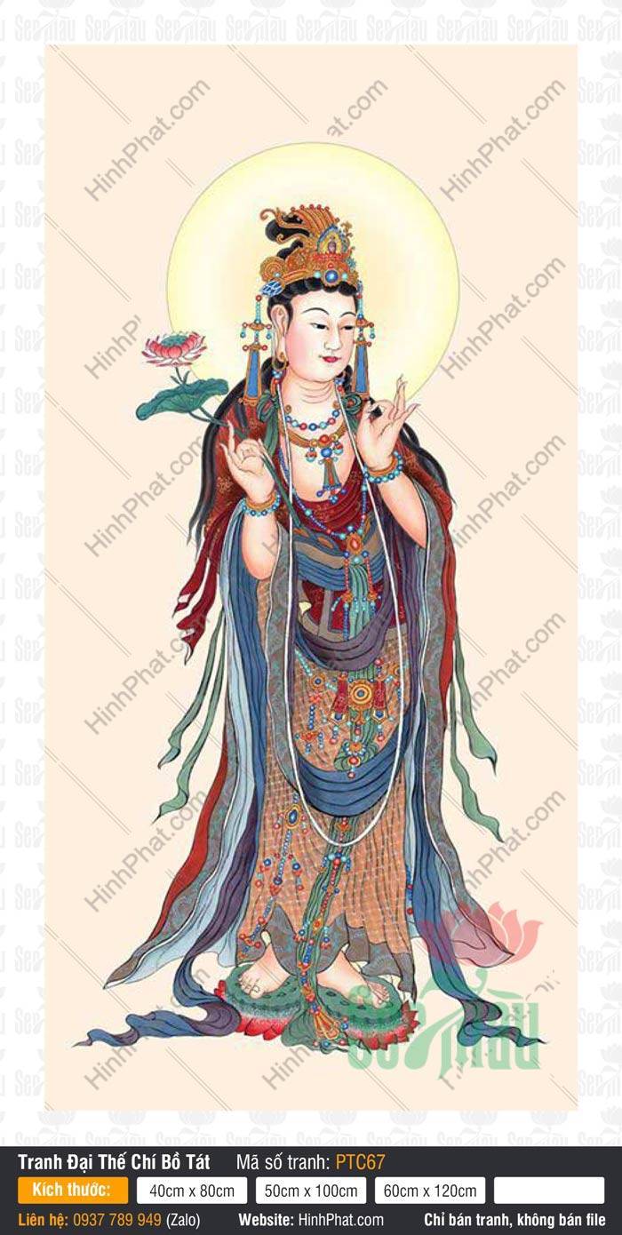 Đại Thế Chí PTC67 Đại Thế Chí PTC67 đứng trên đài sen xanh cầm hoa sen hồng với y phục cổ điển tinh xảo