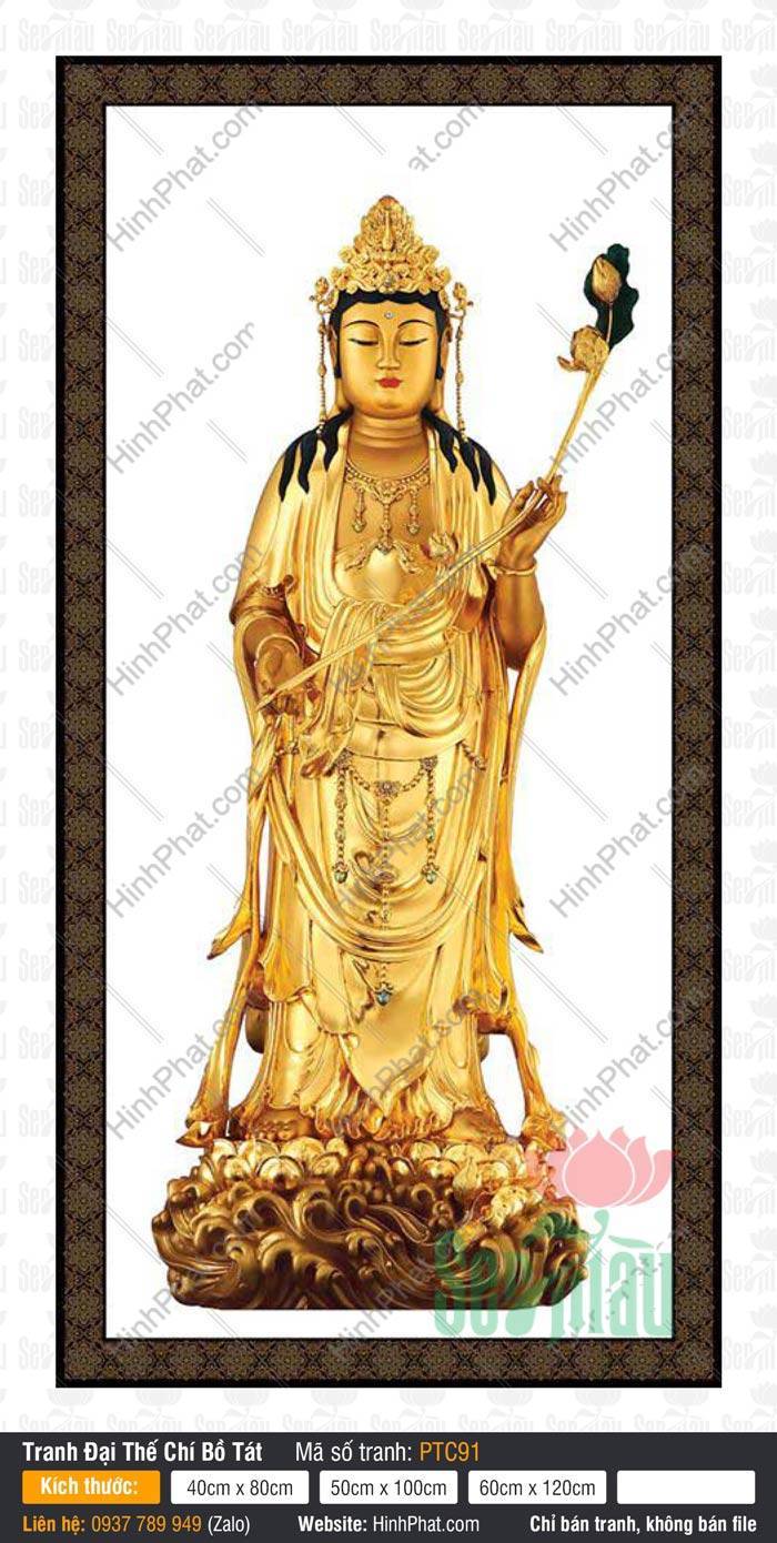 Đại Thế Chí PTC91 Hình Đại Thế Chí PTC91 tôn tượng toàn thân dát vàng cầm nhành sen báu trên nền trắng