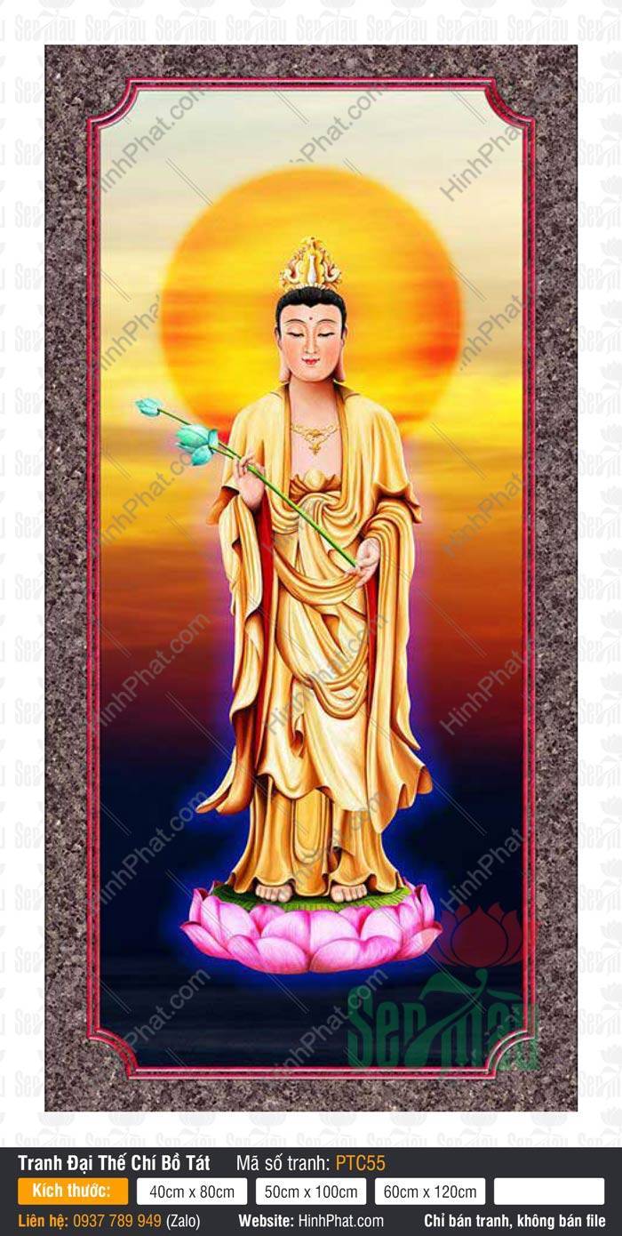 Hình Đại Thế Chí Bồ Tát Đẹp PTC55 Hình Đại Thế Chí Bồ Tát Đẹp PTC55 đứng trên tòa sen hồng tỏa ánh hào quang vàng rực rỡ
