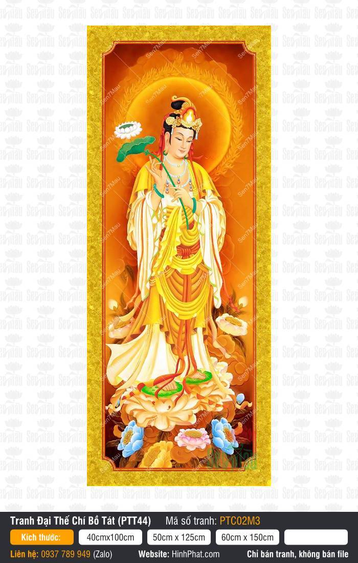 Hình Đại Thế Chí Bồ Tát PTC02M3 Bức Hình Đại Thế Chí Bồ Tát PTC02M3 mặc y vàng rực rỡ đứng trên đài sen trắng tinh khiết