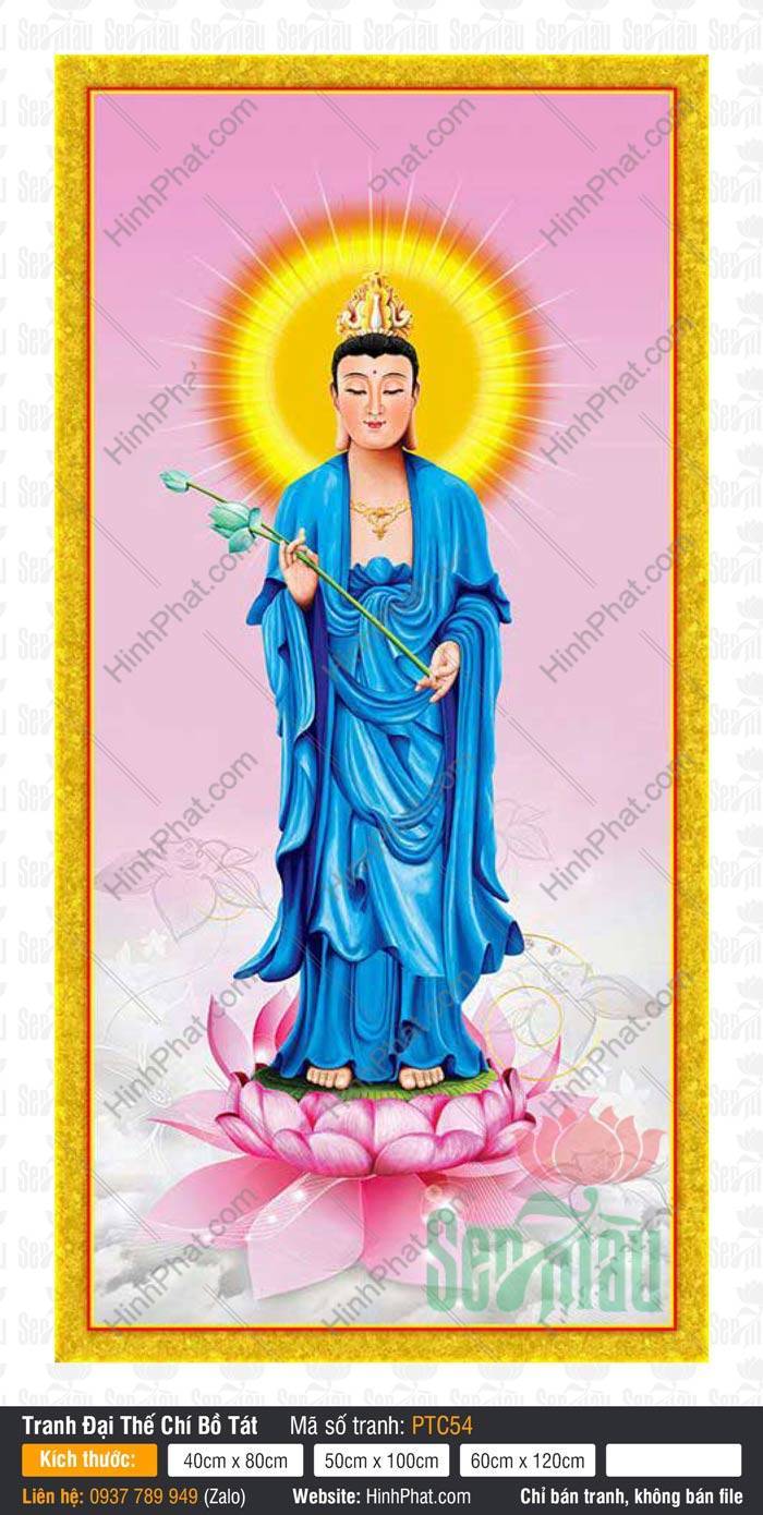Hình Đại Thế Chí Bồ Tát PTC54 Bức tranh vẽ Hình Đại Thế Chí Bồ Tát PTC54 đứng đài sen hồng mặc áo xanh lam
