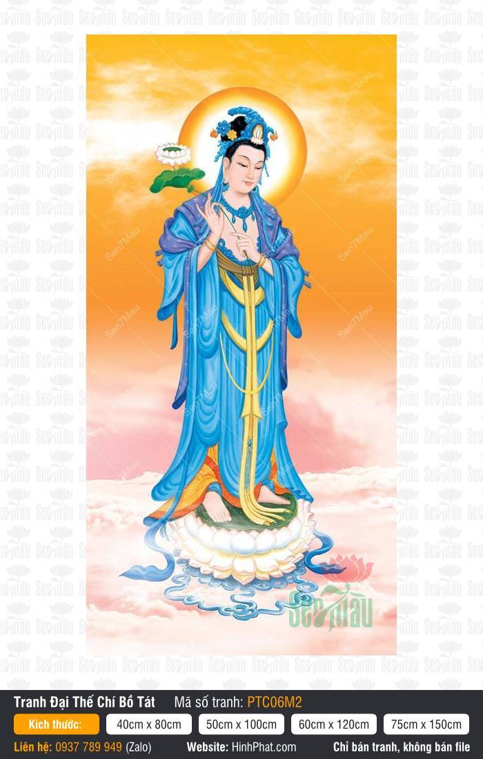 Tranh Đại Thế Chí Bồ Tát Đẹp PTC06M2 Tranh Đại Thế Chí Bồ Tát Đẹp PTC06M2 Ngài mặc y phục xanh đứng trên tòa sen trắng giữa mây trời