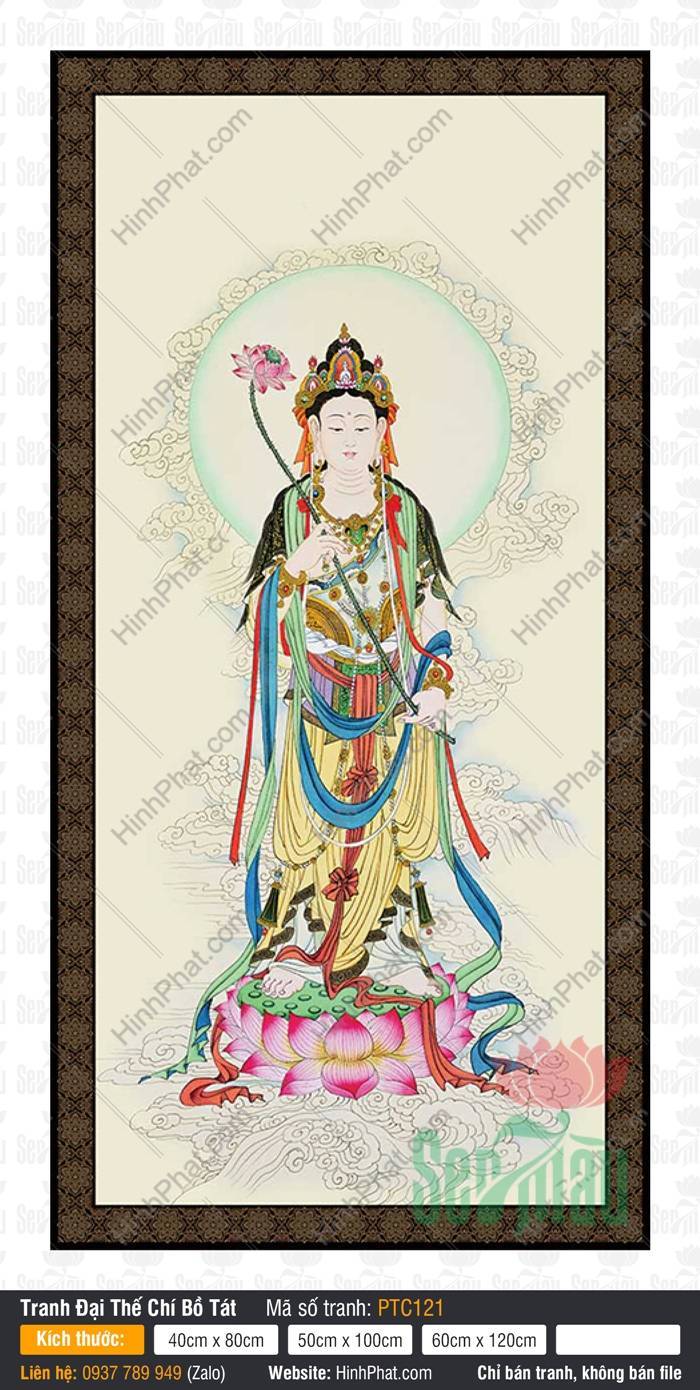 Tranh Đại Thế Chí Bồ Tát Đẹp PTC121 Tranh Đại Thế Chí Bồ Tát Đẹp PTC121 đứng trên đài sen hồng tay cầm nhành hoa sen hồng thanh khiết