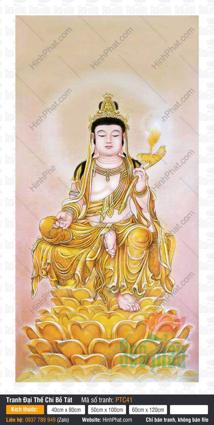 Tranh Đại Thế Chí Bồ Tát Đẹp PTC41 Tranh Đại Thế Chí Bồ Tát Đẹp PTC41 mô tả Ngài tọa trên tòa sen vàng cầm nhành hoa thanh tịnh