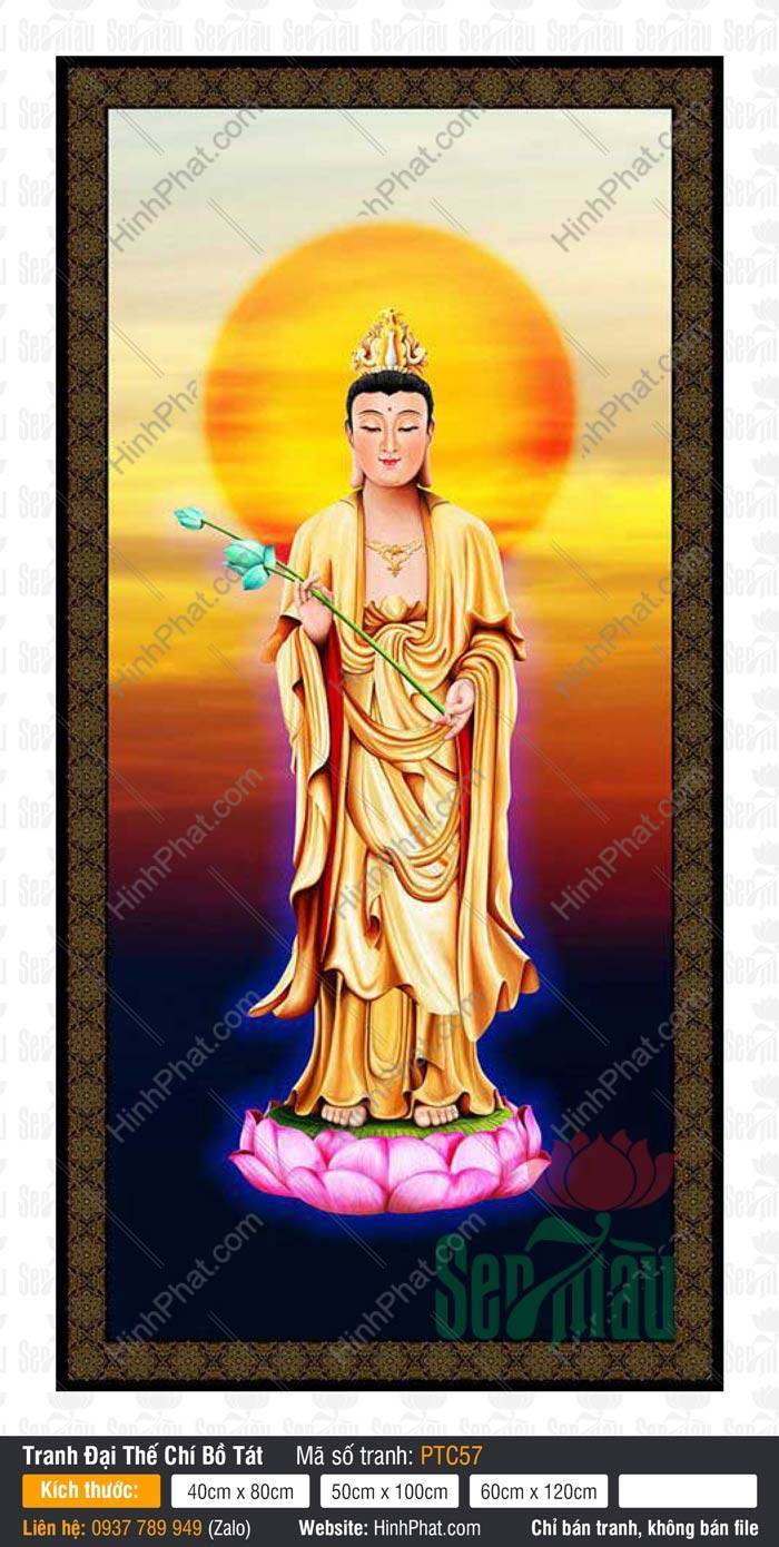 Tranh Đại Thế Chí Bồ Tát Đẹp PTC57 Tranh vẽ Đại Thế Chí Bồ Tát Đẹp PTC57 đứng trên đài sen hồng cầm nhành sen xanh nền tối