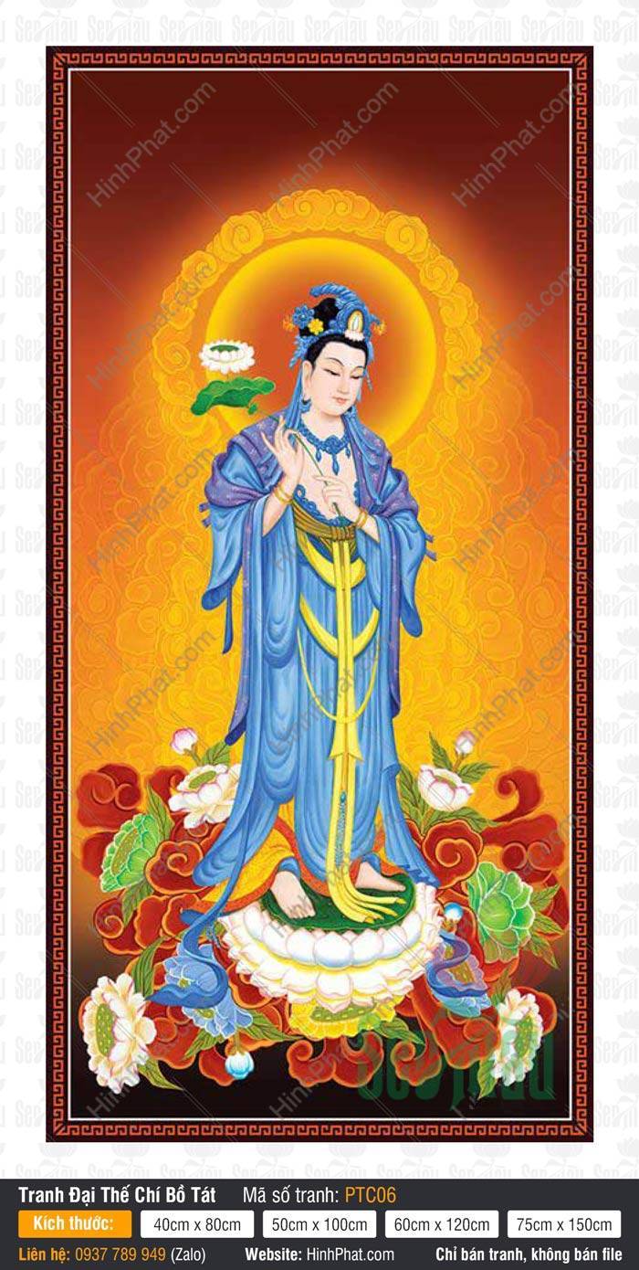 Tranh Đại Thế Chí Bồ Tát PTC06 Tranh Đại Thế Chí Bồ Tát PTC06 mặc y bào xanh lam tay nâng nhành sen trắng thanh khiết