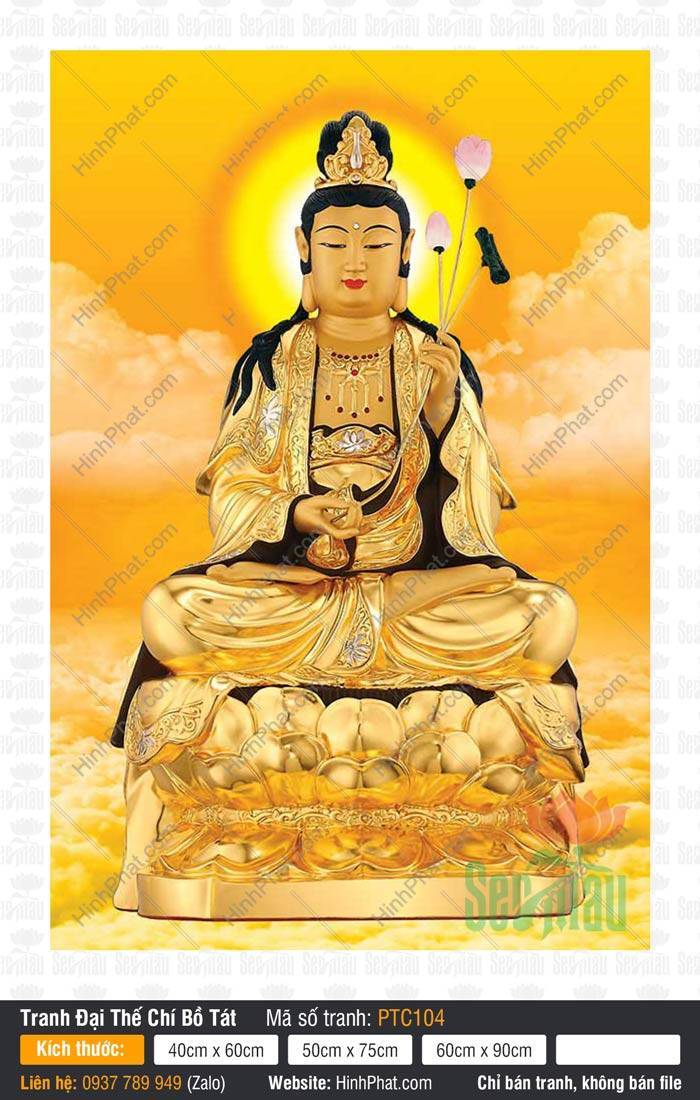 Tranh Đại Thế Chí Bồ Tát PTC104 Đại Thế Chí Bồ Tát PTC104 tọa thiền trên đài sen vàng cầm nhành sen hồng