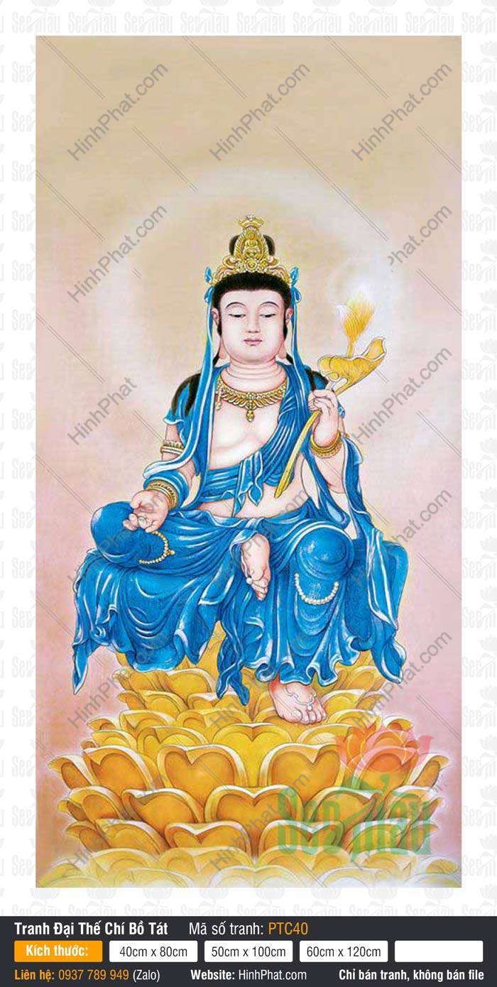 Tranh Đại Thế Chí Bồ Tát PTC40 Tranh Đại Thế Chí Bồ Tát PTC40 ngồi tư thế tự tại trên tòa sen vàng báu tay cầm sen
