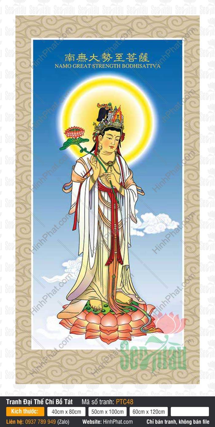 Tranh Đại Thế Chí Bồ Tát PTC48 Tranh vẽ Đại Thế Chí Bồ Tát PTC48 đứng trên đài sen hồng cầm nhành hoa sen tuyệt đẹp