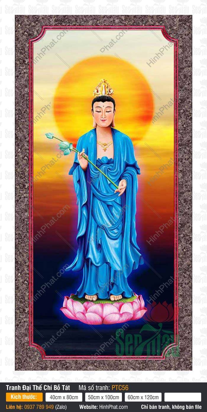 Tranh Đại Thế Chí Bồ Tát PTC56 Tranh Đại Thế Chí Bồ Tát PTC56 đứng trên đài sen hồng mặc áo xanh lam cầm nhành sen
