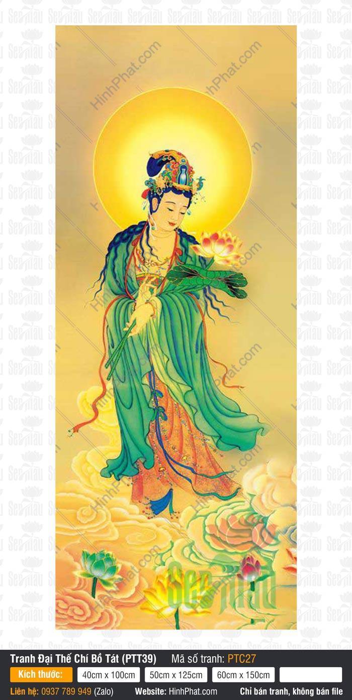 Đại Thế Chí PTC27 Bức tranh Đại Thế Chí PTC27 mặc y phục xanh đứng trên mây vàng rực rỡ và tay nâng sen
