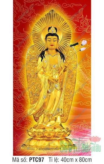 Tranh Đại Thế Chí Bồ Tát Đẹp PTC97, rực rỡ sắc vàng kim nền đỏ Tranh Đại Thế Chí Bồ Tát Đẹp PTC97, rực rỡ sắc vàng kim nền đỏ