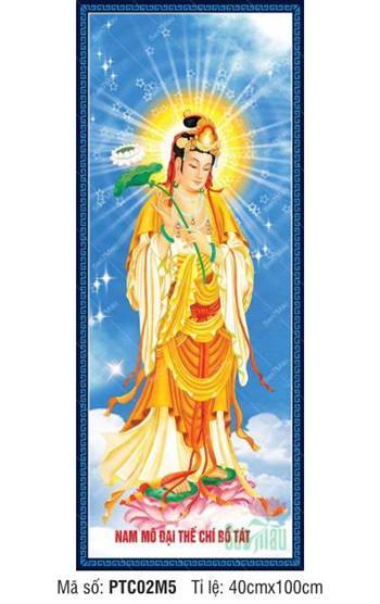 Tranh Đại Thế Chí Bồ Tát PTC02M5, Bồ Tát đứng giữa hào quang xanh Tranh Đại Thế Chí Bồ Tát PTC02M5, Bồ Tát đứng giữa hào quang xanh