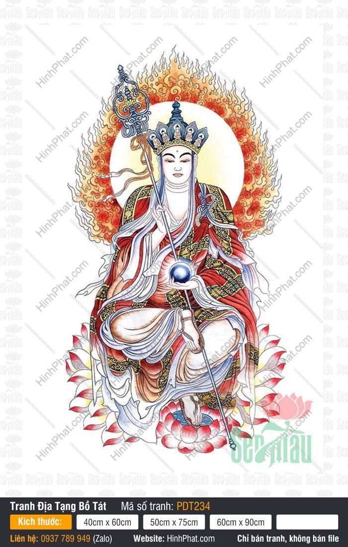 Địa Tạng Vương Bồ Tát PDT234 Địa Tạng Vương Bồ Tát PDT234 ngồi trên tòa sen đỏ tay cầm tích trượng và minh châu