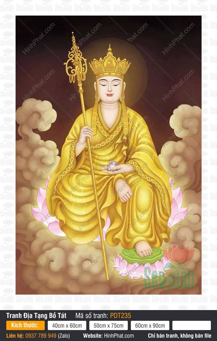 Hình Ảnh Đại Nguyện Địa Tạng Vương Bồ Tát PDT235 Tôn tượng Địa Tạng Vương Bồ Tát mặc y vàng cầm minh châu ngự tòa sen mã PDT235