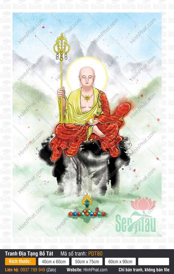 Hình Địa Tạng Bồ Tát Đẹp Nhất PDT80 Hình Địa Tạng Bồ Tát Đẹp Nhất PDT80 ngự trên phiến đá đen tay cầm tích trượng vàng minh châu tỏa sáng