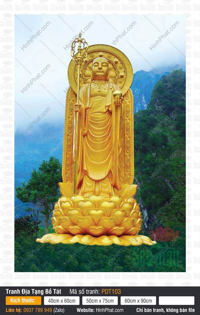 Hình Địa Tạng Bồ Tát Đẹp PDT103 Hình Địa Tạng Bồ Tát Đẹp PDT103 tượng vàng đứng trên sen vàng giữa núi non hùng vĩ sương mờ
