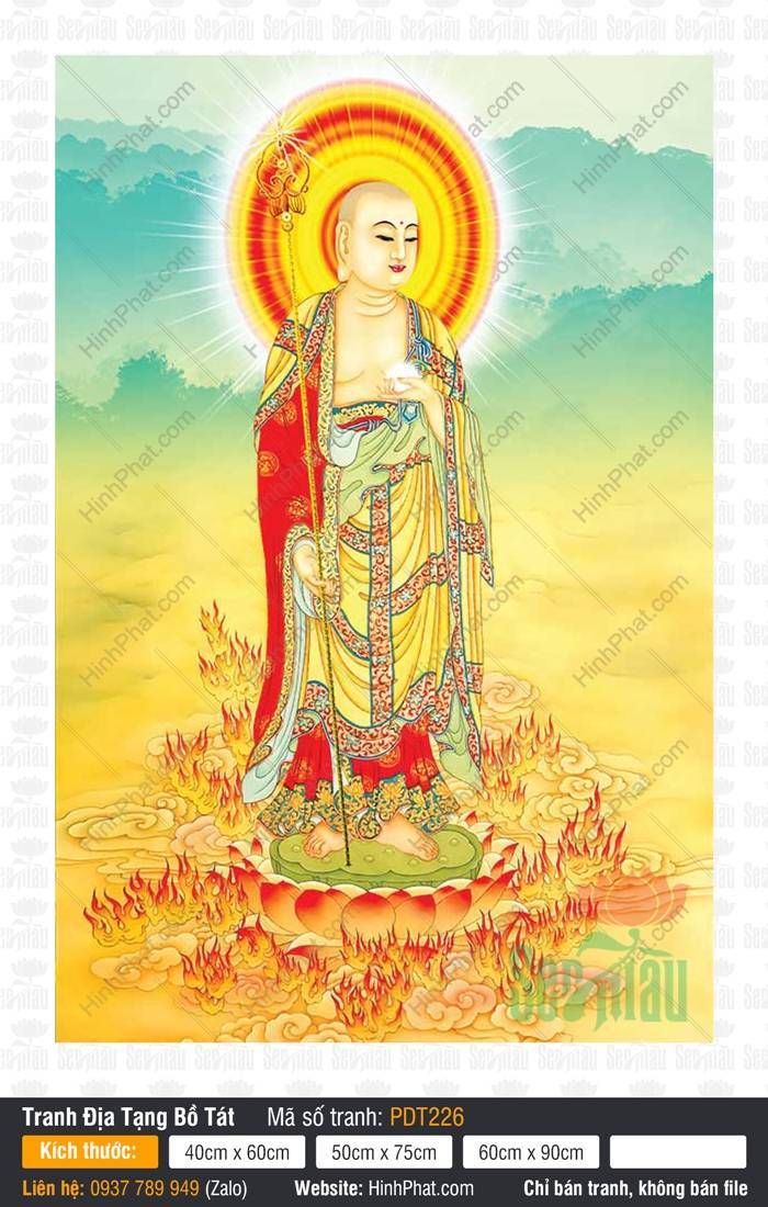 Hình Địa Tạng Vương Bồ Tát Đứng PDT226 Ngài Địa Tạng Vương Bồ Tát đứng trên đài sen đỏ tay cầm minh châu tỏa sáng mã PDT226