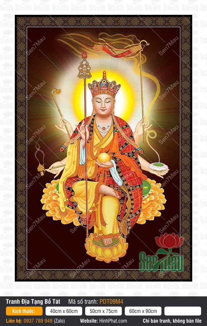 Hình Địa Tạng Vương Bồ Tát đẹp nhất PDT09M4 Hình Địa Tạng Vương Bồ Tát đẹp nhất PDT09M4 sáu tay ngự tòa sen vàng nền tối