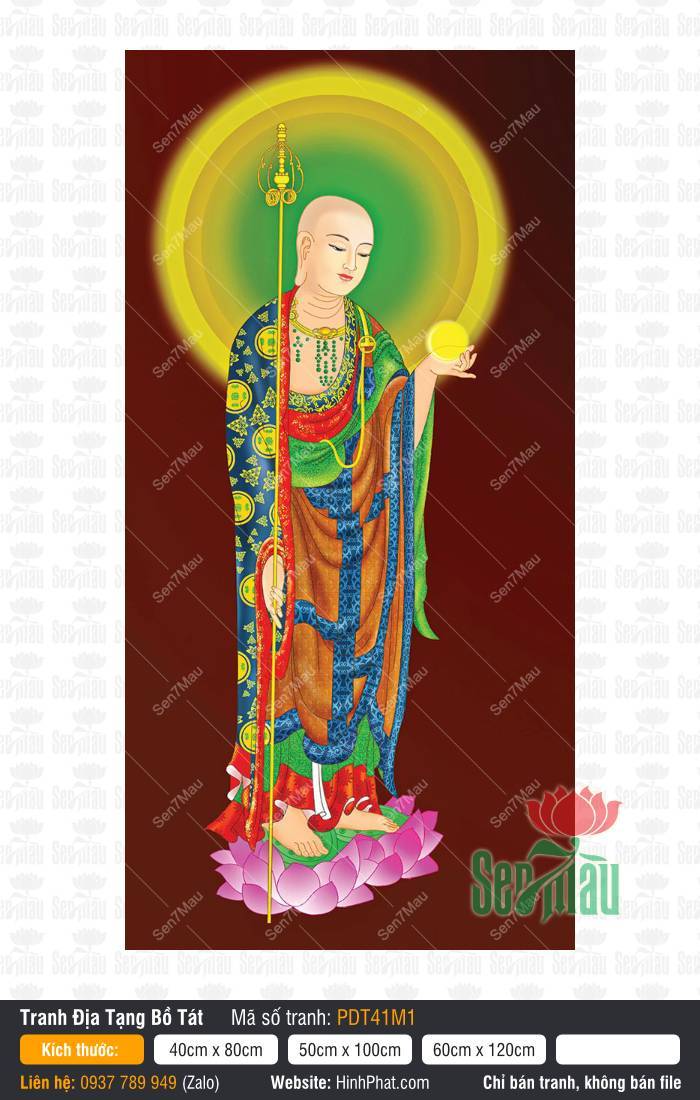 Hình Địa Tạng Vương Bồ Tát đẹp nhất PDT41M1 Hình Địa Tạng Vương Bồ Tát đẹp nhất PDT41M1 tay cầm tích trượng đứng trên đài sen hồng