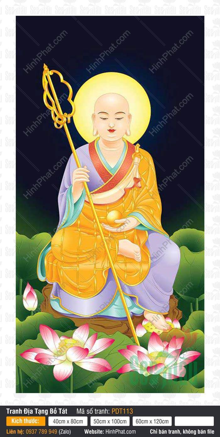 Tranh Địa Tạng Bồ Tát Đẹp PDT113 Tranh Địa Tạng Bồ Tát Đẹp PDT113 ngồi tĩnh tại trên tảng đá giữa hồ sen hồng nở rộ