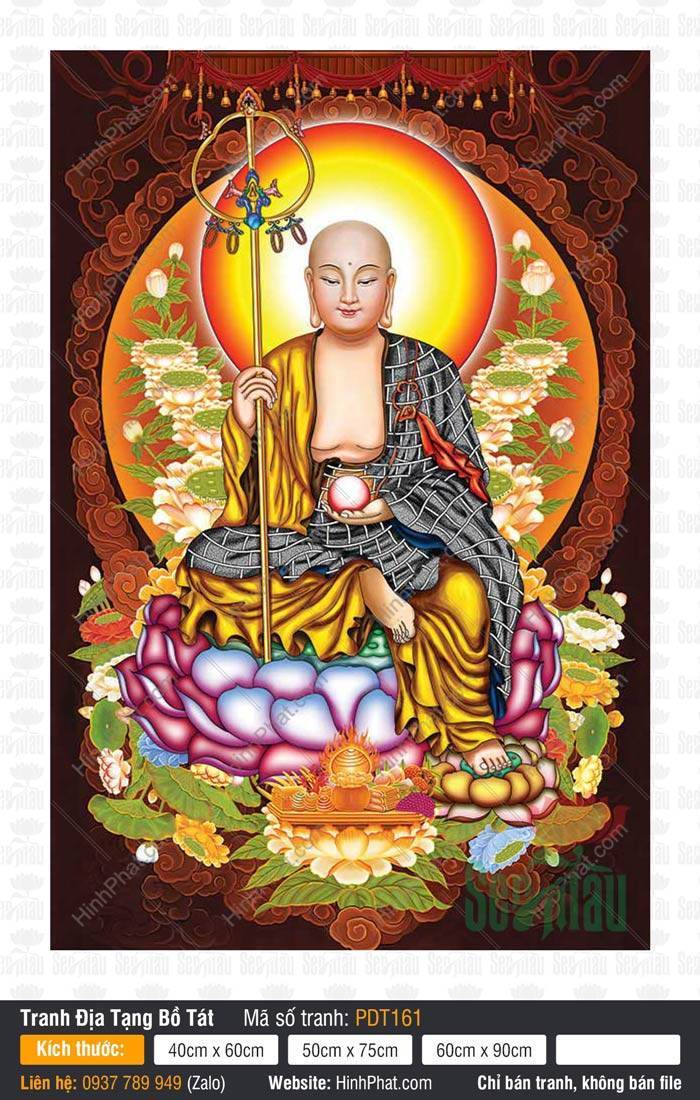 Tranh Địa Tạng Bồ Tát Đẹp PDT161 Tranh Địa Tạng Bồ Tát Đẹp PDT161 hình Ngài đầu tròn cầm tích trượng và minh châu