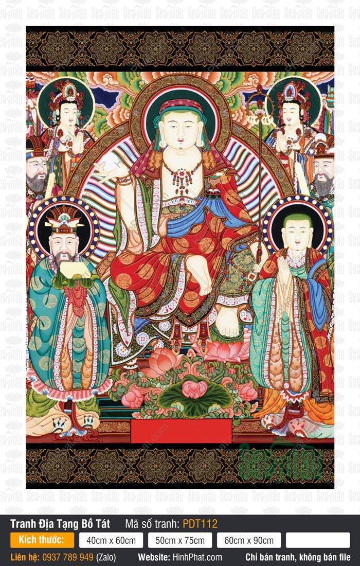 Tranh Địa Tạng Bồ Tát PDT112 Tranh Địa Tạng Bồ Tát PDT112 ngồi tòa sen đỏ giữa các vị thị giả và Thập Điện Diêm Vương