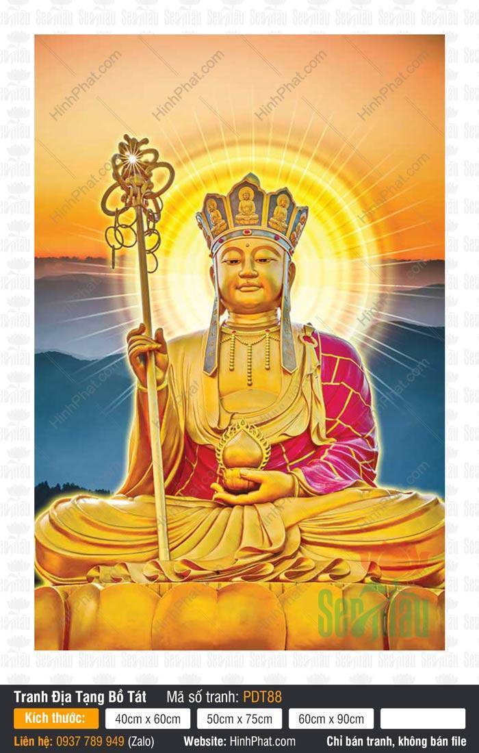 Tranh Địa Tạng Bồ Tát PDT88 Tranh Địa Tạng Bồ Tát PDT88 đội mũ Thất Phật ngồi tọa thiền trên tòa sen vàng rực rỡ