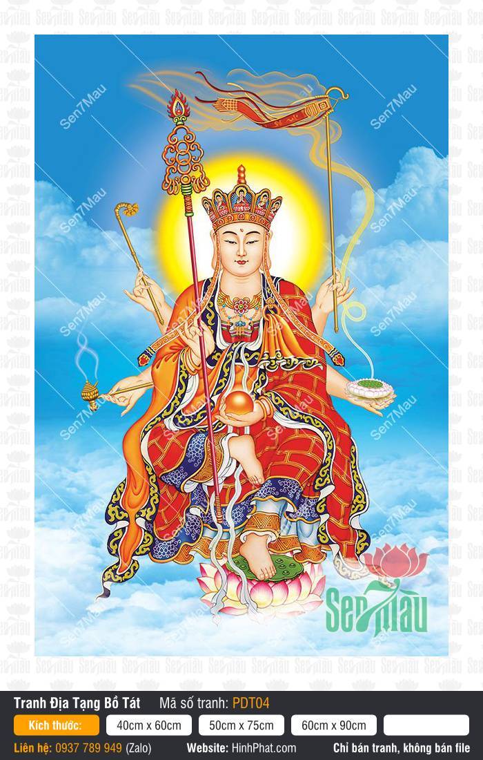 Tranh Địa Tạng Vương Bồ Tát Chất Lượng Cao PDT04 Tranh Địa Tạng Vương Bồ Tát Chất Lượng Cao PDT04 Ngài sáu tay cầm tích trượng giữa trời xanh