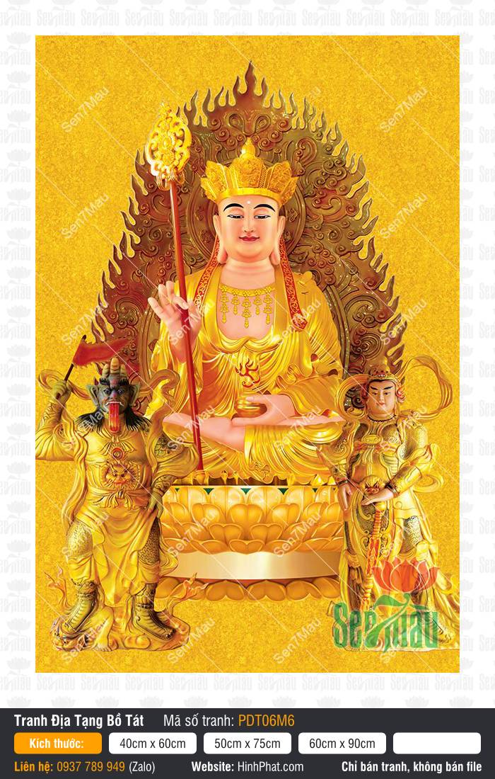 Tranh Địa Tạng Vương Bồ Tát Chất Lượng Cao PDT06M6 sắc vàng kim chạm trổ tinh xảo rực rỡ
