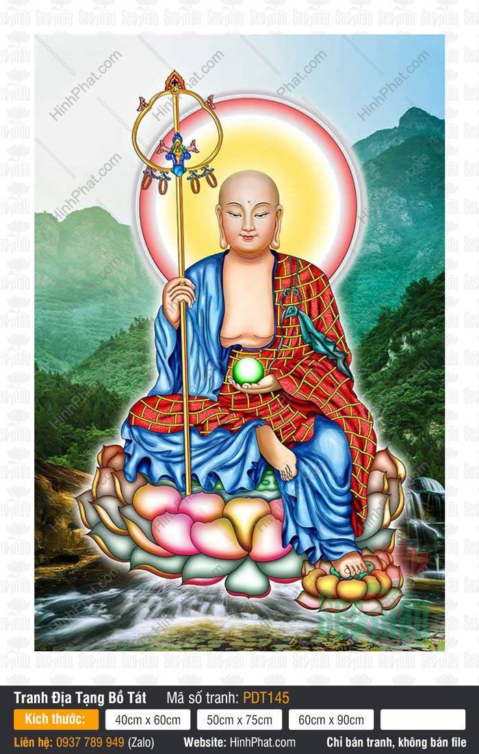 Tranh Địa Tạng Vương Bồ Tát Chất Lượng Cao PDT145 Tranh Địa Tạng Vương Bồ Tát Chất Lượng Cao PDT145 mặc cà sa đỏ ngự đài sen