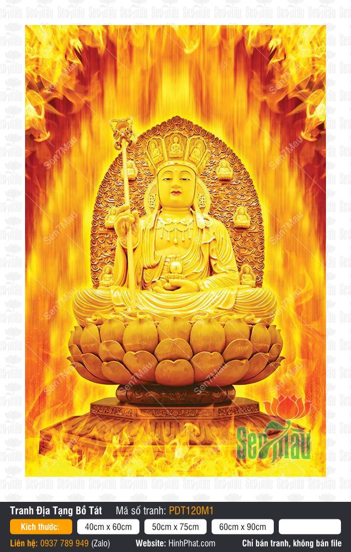 Tranh Địa Tạng Vương Bồ Tát PDT120M1 Tranh Địa Tạng Vương Bồ Tát PDT120M1 toàn thân vàng kim ngự tòa sen rực rỡ