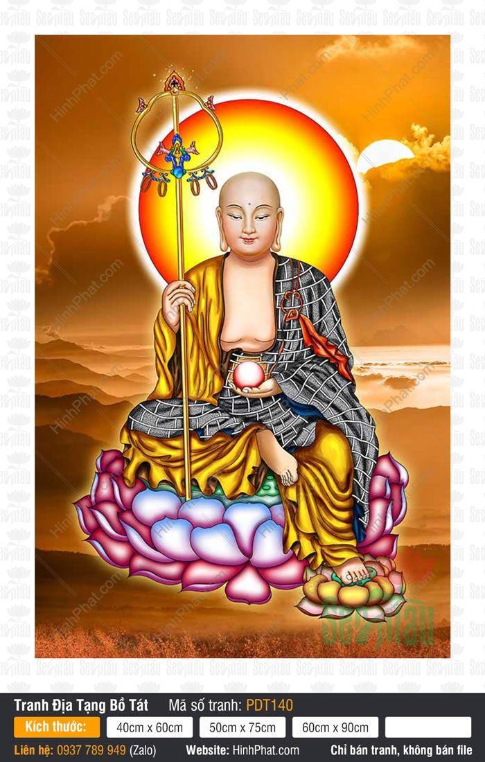 Tranh Địa Tạng Vương Bồ Tát PDT140 Tranh Địa Tạng Vương Bồ Tát PDT140 Ngài ngồi thong dong trên đài sen hồng rực rỡ