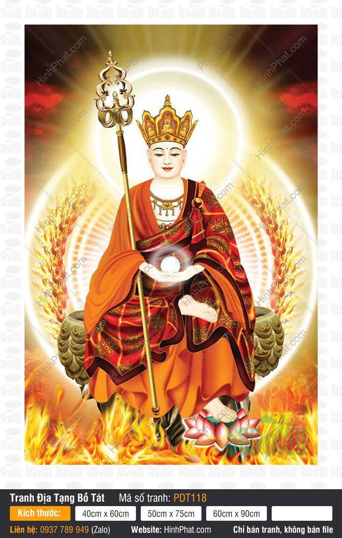 Tranh Địa Tạng Vương Bồ Tát đẹp nhất PDT118 Tranh Địa Tạng Vương Bồ Tát đẹp nhất PDT118 ngồi bán kiết già cầm tích trượng giữa hào quang lửa