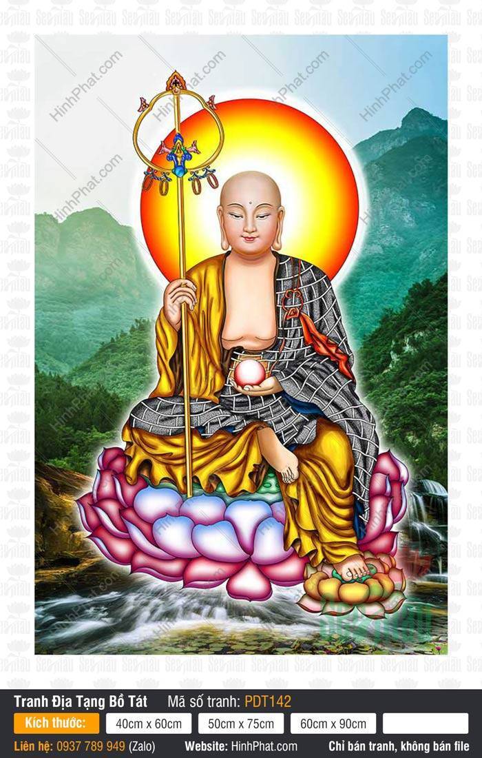 Tranh Địa Tạng Vương Bồ Tát đẹp nhất PDT142 Tranh Địa Tạng Vương Bồ Tát đẹp nhất PDT142 ngự tòa sen cầm tích trượng giữa núi non