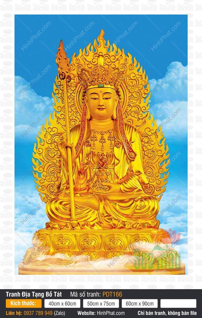 Tranh Địa Tạng Vương Bồ Tát đẹp nhất PDT166 Tranh Địa Tạng Vương Bồ Tát đẹp nhất PDT166 màu vàng kim rực rỡ trên nền trời mây xanh